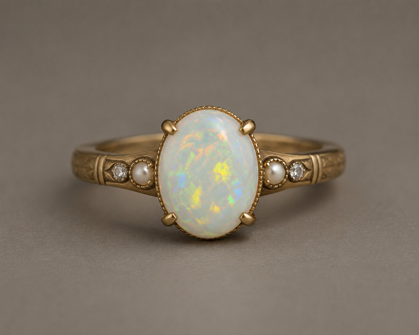 Natural Opal Ring Oval Opal Moissanite & Pearl Side Stone Silver Ring