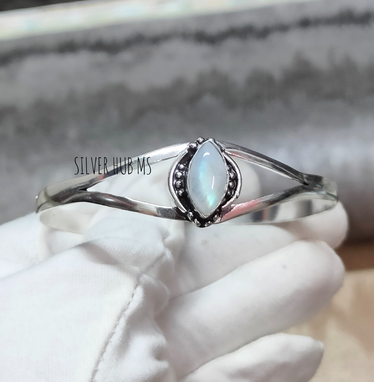 Natural Rainbow Moonstone marquise Handmade 925 Sterling Silver Bangle Cuff