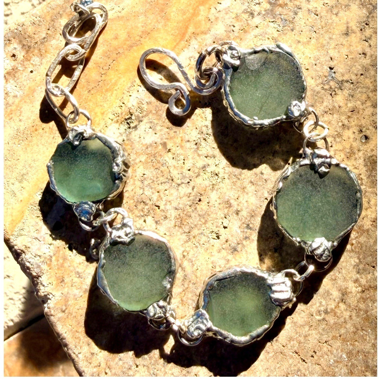 Handcrafted Sea Glass & Silver Blend Hammered Bracelet With Unique Findings