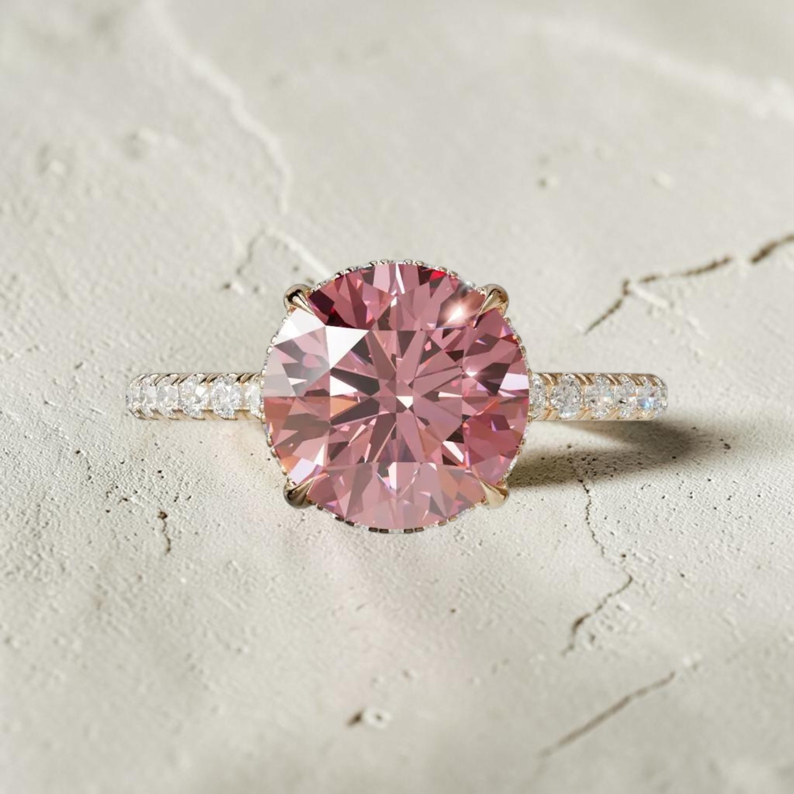 18k Yellow Gold Fancy Vivid Pink 3.00 Ct IGI Lab Created Round Cut Diamond Ring