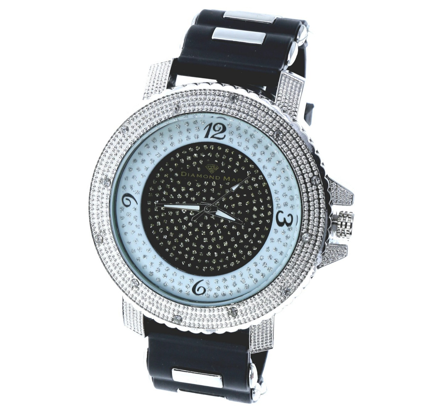 Hip Hop Men’s Ice Crystal Bezel Diamond Dust Dial Black Silicone Band Watch 56mm