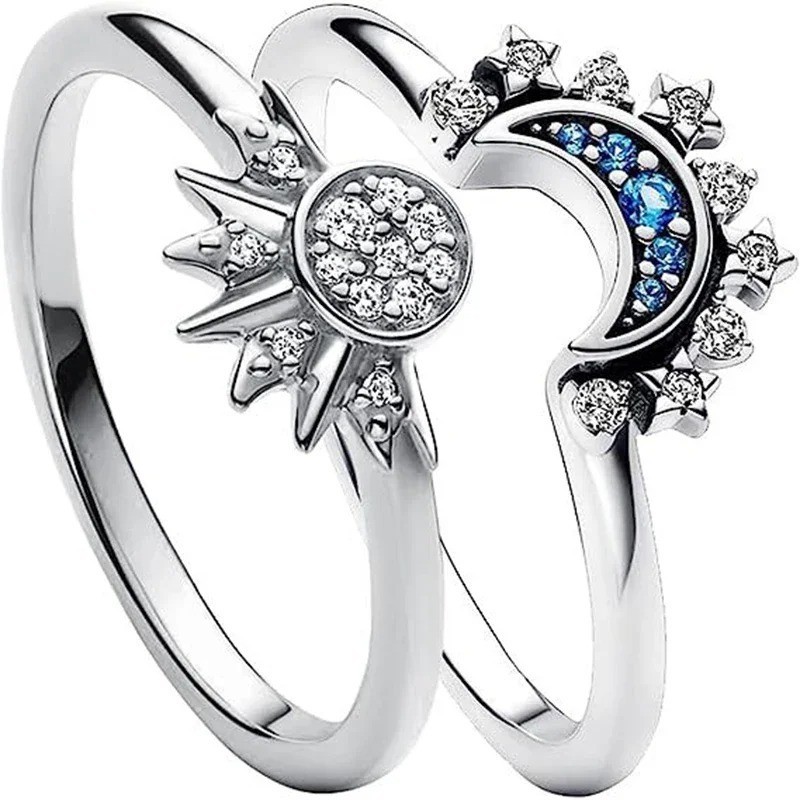 2pcs Couple Ring Set Sky Blue Sparkling Moon and Sun Ring Stackable Finger Set