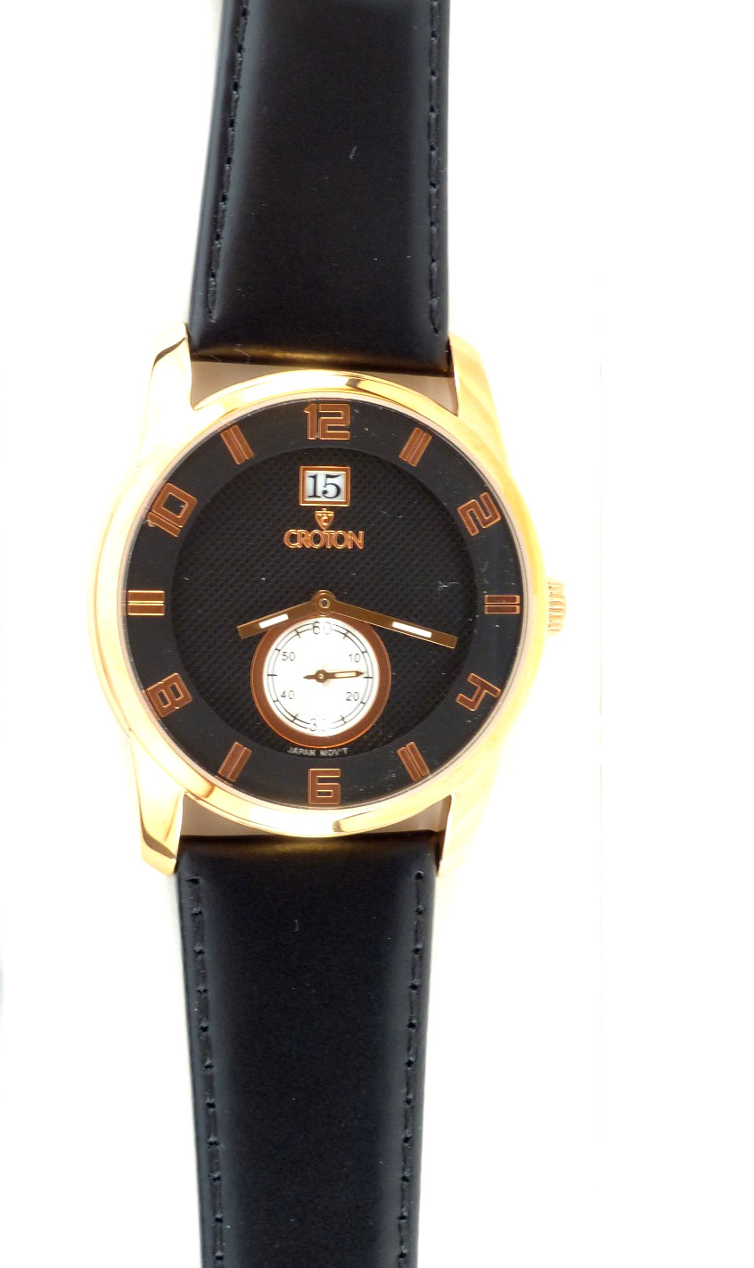MEN’S CROTON WATCH Black and Gold with Black Leather Band