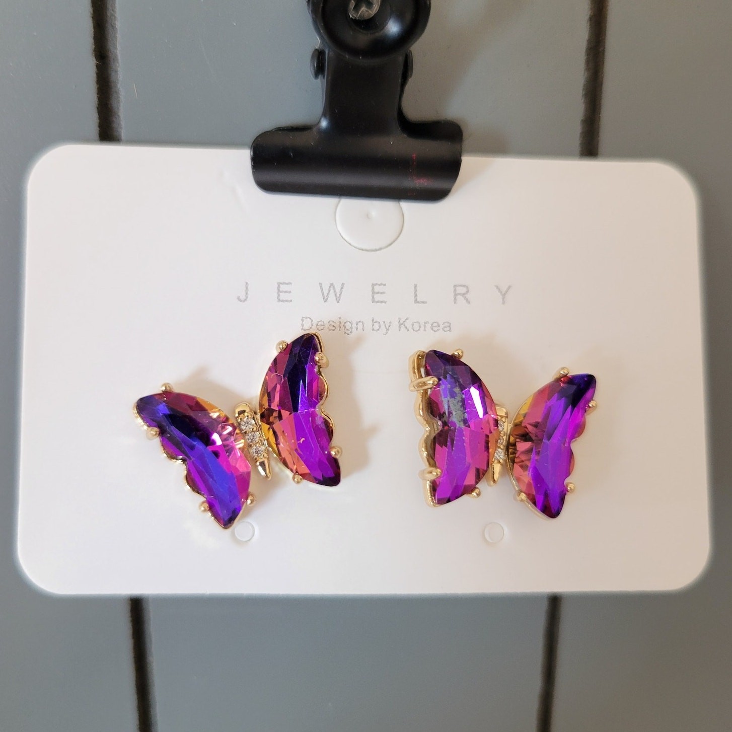 Purple Crystal Butterfly Stud Earrings Set of Design by Korea, With Gift Bag