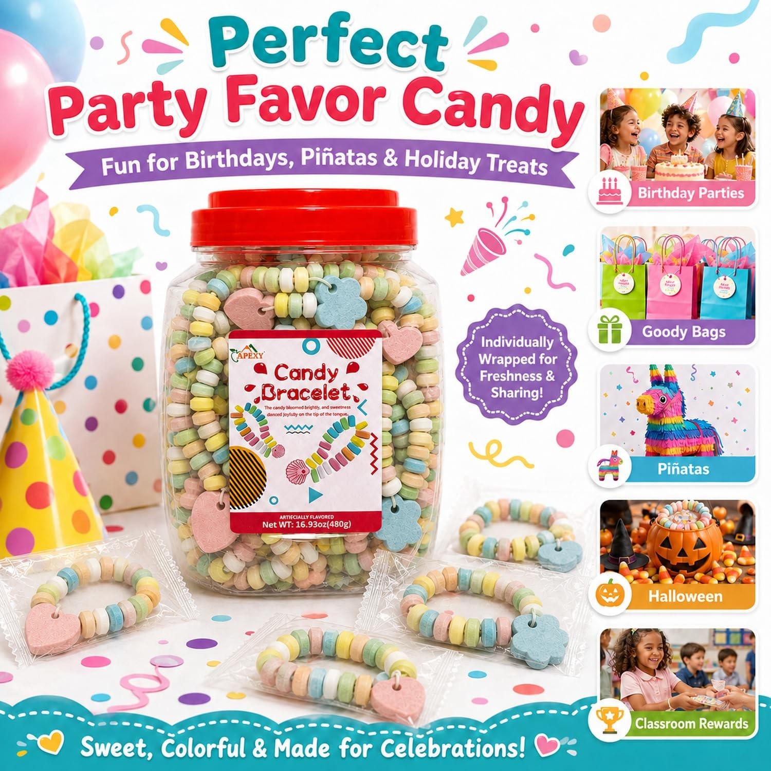 Mixed-Fruit Candy Bracelets – 40 Individually Wrapped for Halloween & Parties
