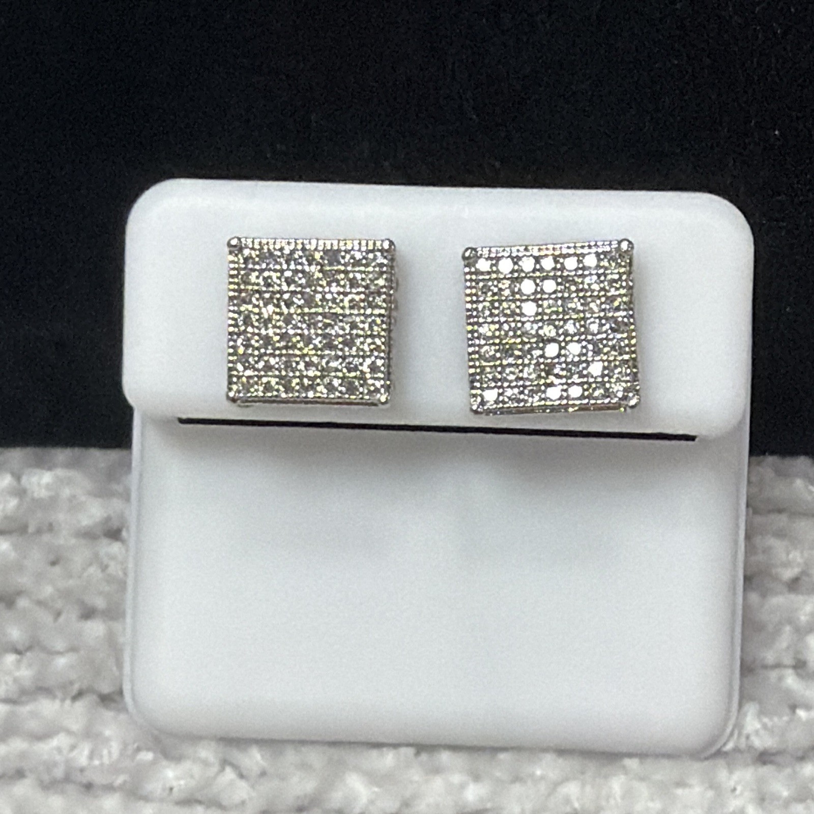 New Unisex 925 Sterling Silver Silver Square Pavé AAA CZ Stud Earrings 10.1mm