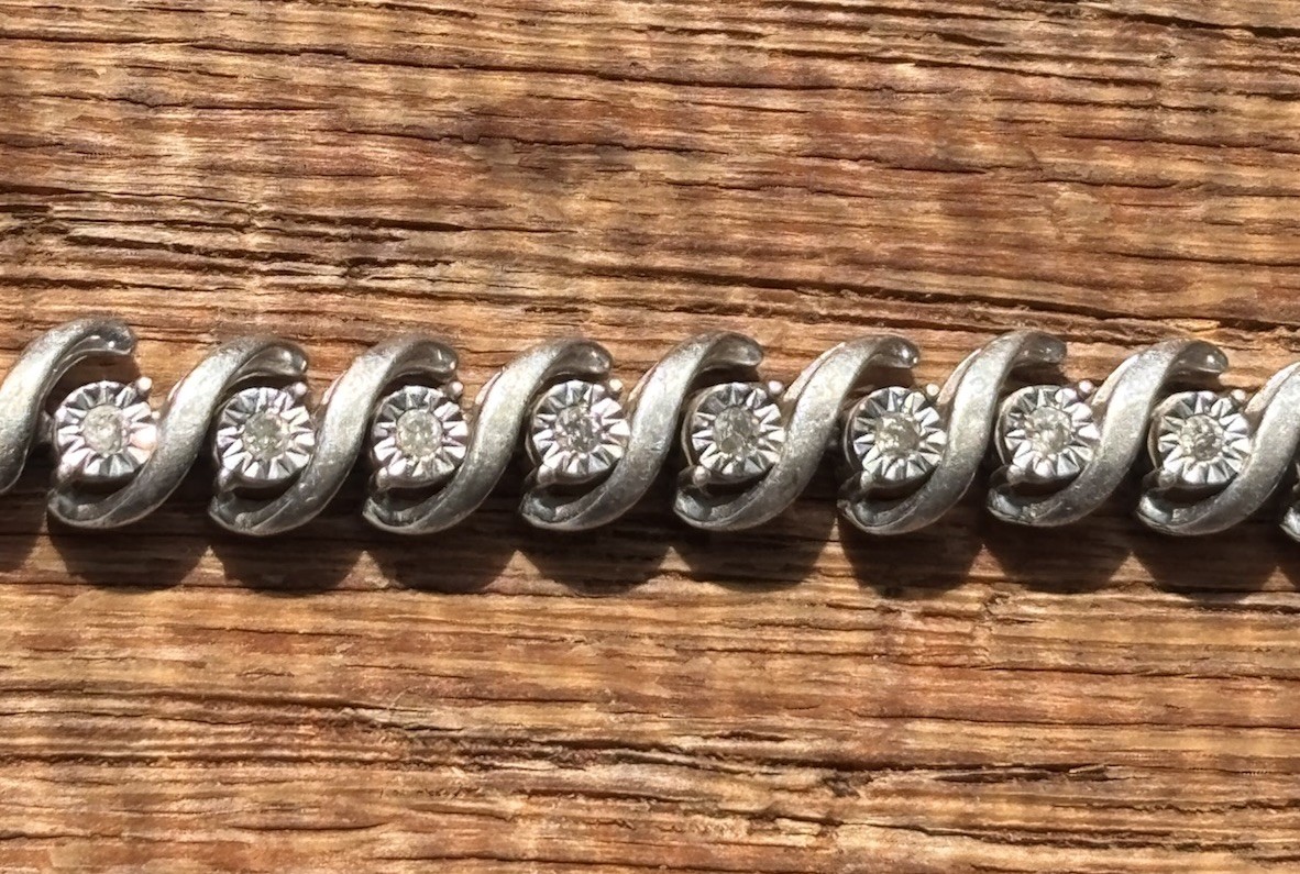 925 Sterling Silver CZ Twisted Link Tennis Bracelet Heart Charm Adjustable 7-8”