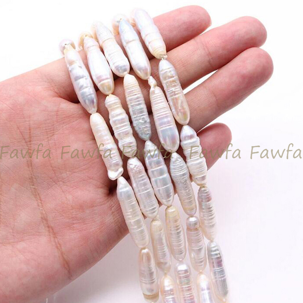 Natural 6x26mm Unique White Freshwater Baroque Long Biwa Pearl Loose Beads 15”
