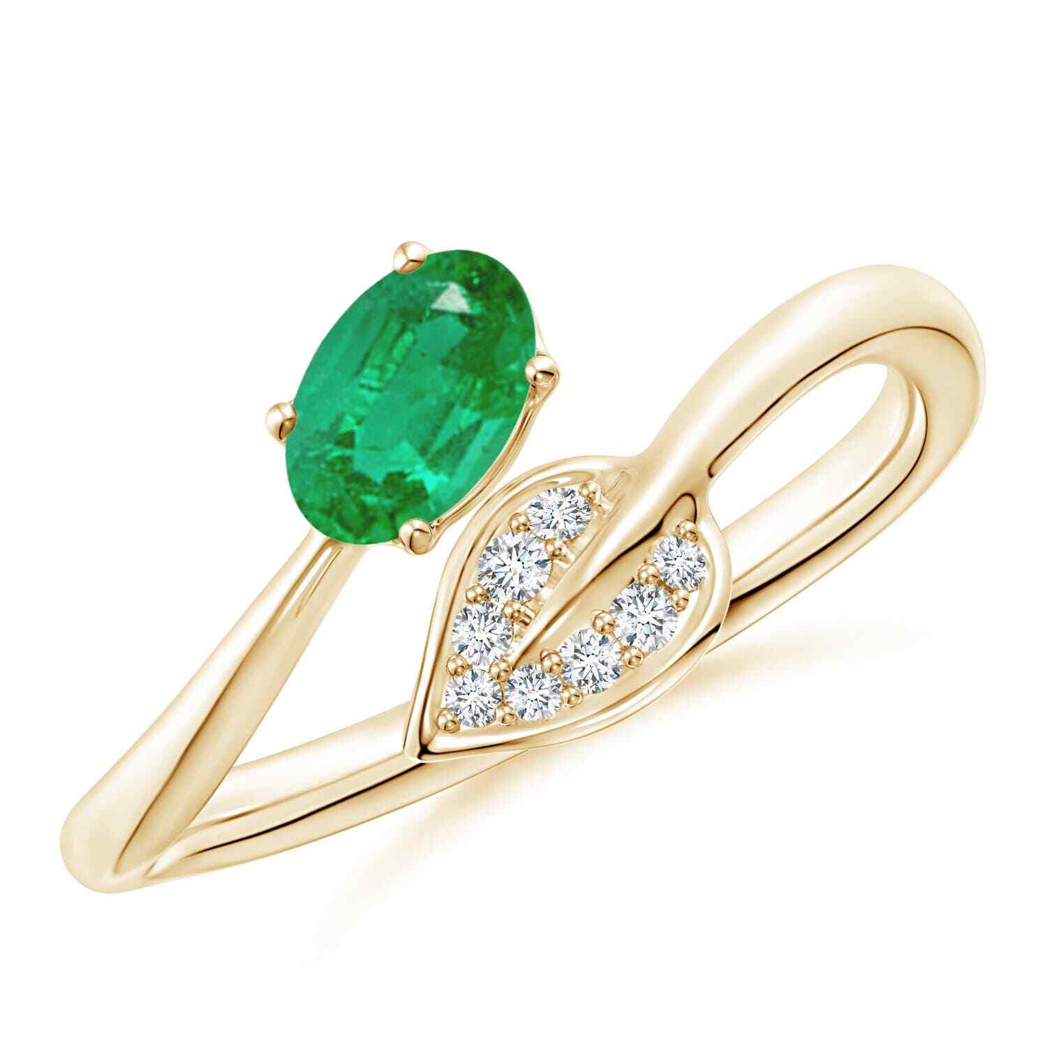 ANGARA Nature Inspired Emerald Bypass Ring Leaf in 14K Gold (Grade-AA, Size-6×4)