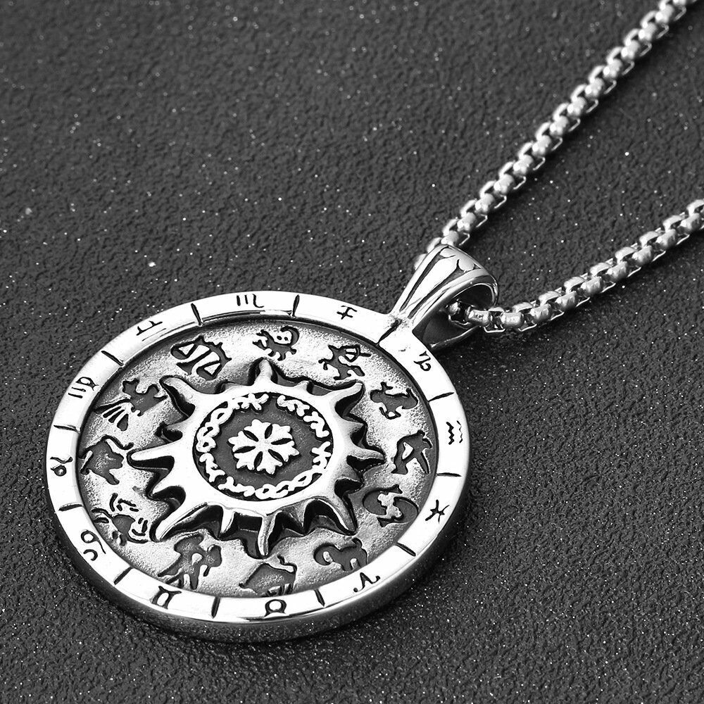 MENDEL Cool Mens Sun Horoscope Zodiac Sign Pendant Necklace Stainless Steel Men