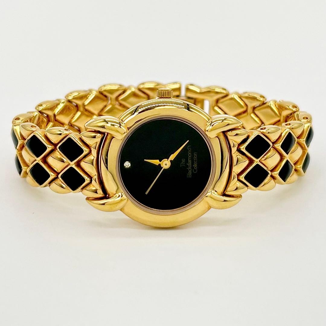 Franklin Mint Diamond Black Quartz Watch Gold/Black Used