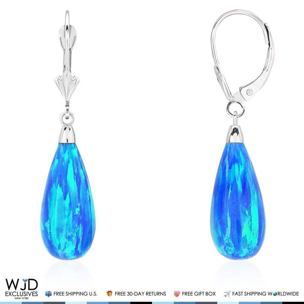14K White Gold Tear Drop Shaped Blue Opal Leverback Dangle Earrings 1.5″