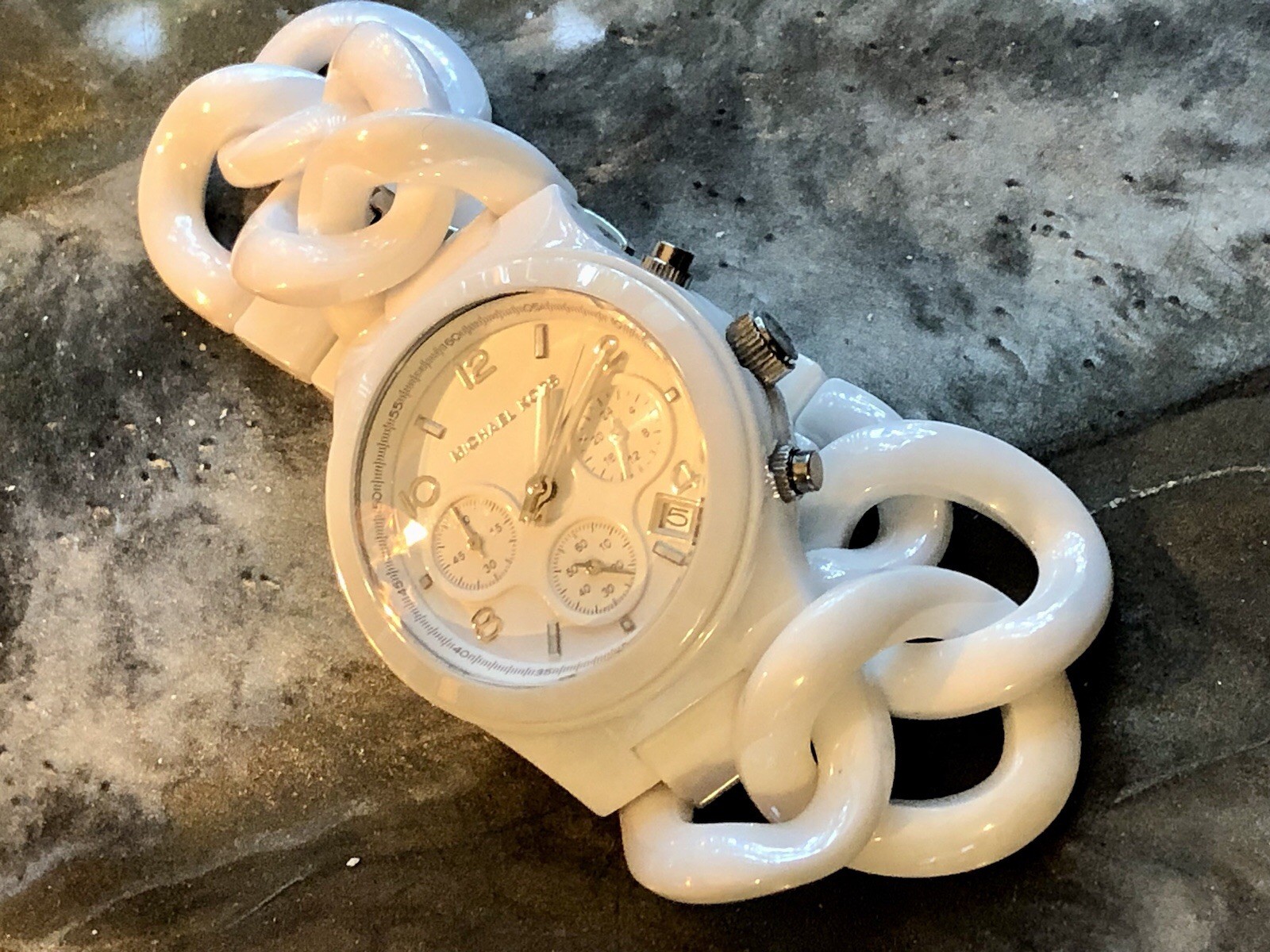 ✨🤍 NOS STUNNING Early MICHAEL KORS White CERAMIC Chain Link Bracelet Watch🤍✨