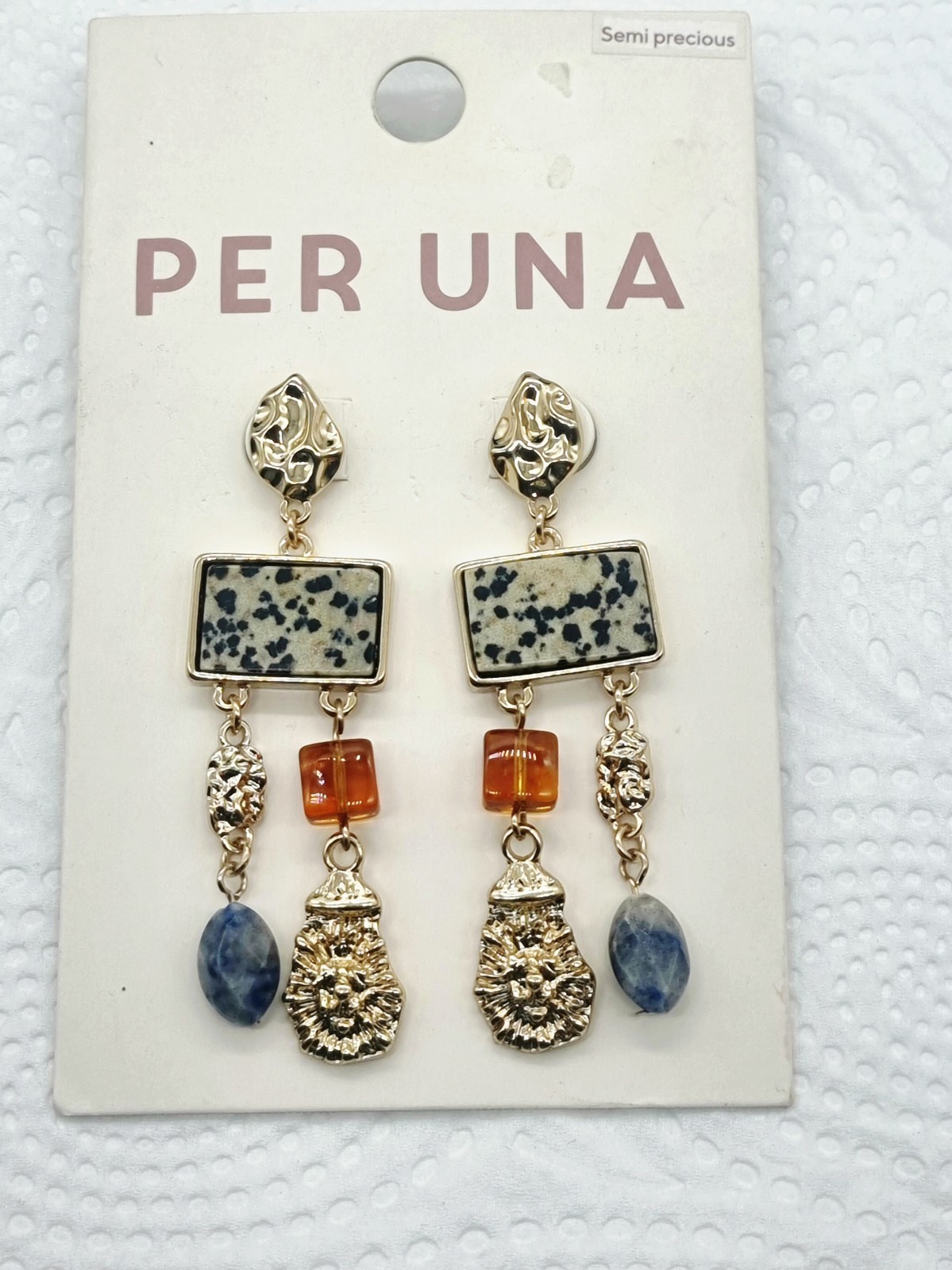 Per Una M&S Multi-Stone Chandelier Drop Earrings Dalmatian Jasper Sodalite 7cm