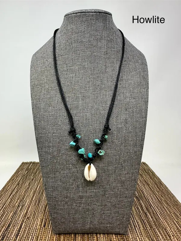 Cowrie Shell Necklace Gemstone Beads Adjustable Black Cord Boho Beach Unisex