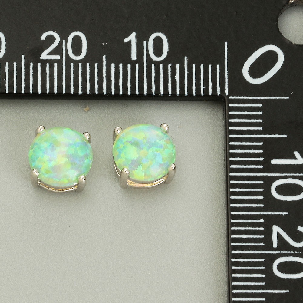 8mm Round Kiwi Green Fire Opal Cabochon Silver Jewelry Simple Stud Earrings