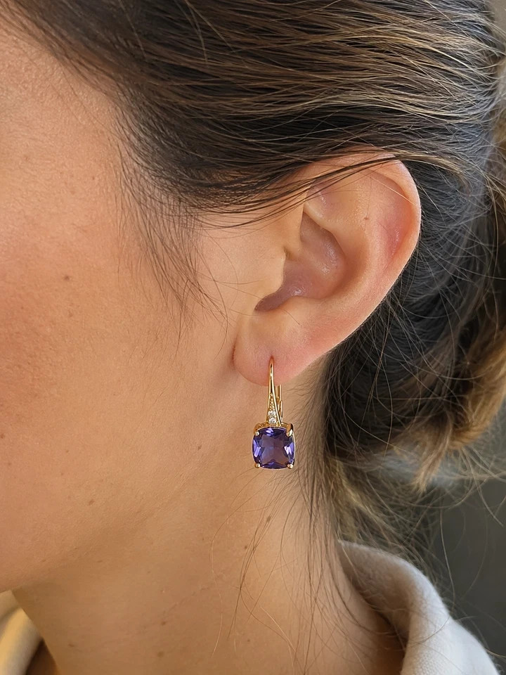 Cushion Cut Lab Created Tanzanite Women’s Hoop Earring in 14k Yellow Gold Plated