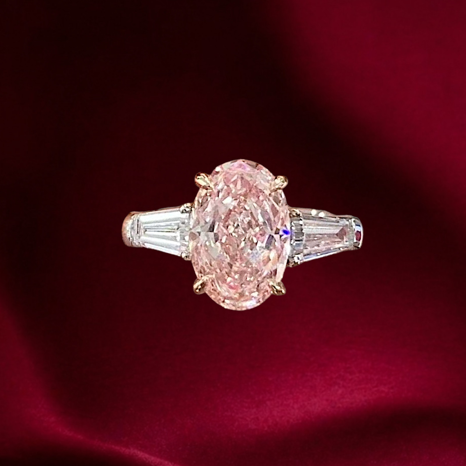 18k Multi Gold 2.50 Ct Oval Cut IGI Lab Created Diamond Ring Fancy Intense Pink