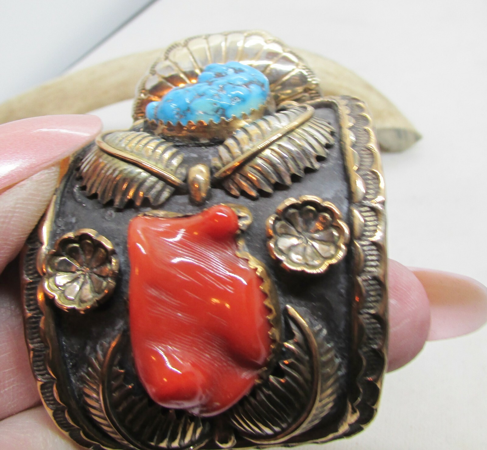 VTG SW N A WATCHBAND W/TURQUOISE & CORAL GOLD OVERLAY W/SS UNDERNEATH-NEW PRICE