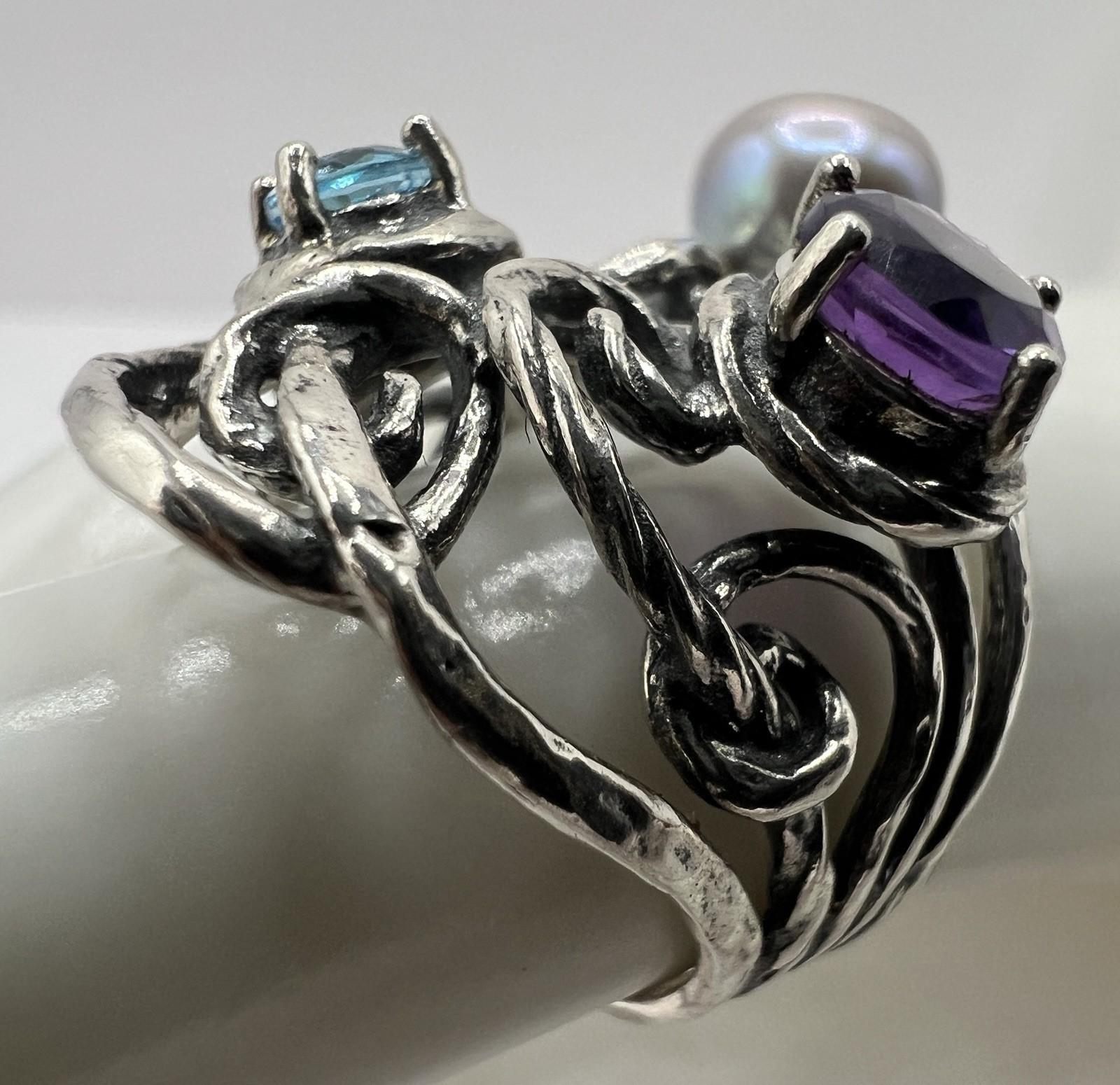PZ Paz Creations Sterling Silver Pearl Amethyst Topaz Brutalist Split Shank Ring