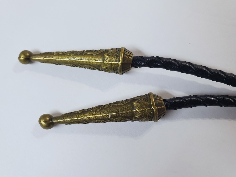 WESTERN BOLO TIE Oval Gold & Multi-Color Black Leather Cord Gold Tips