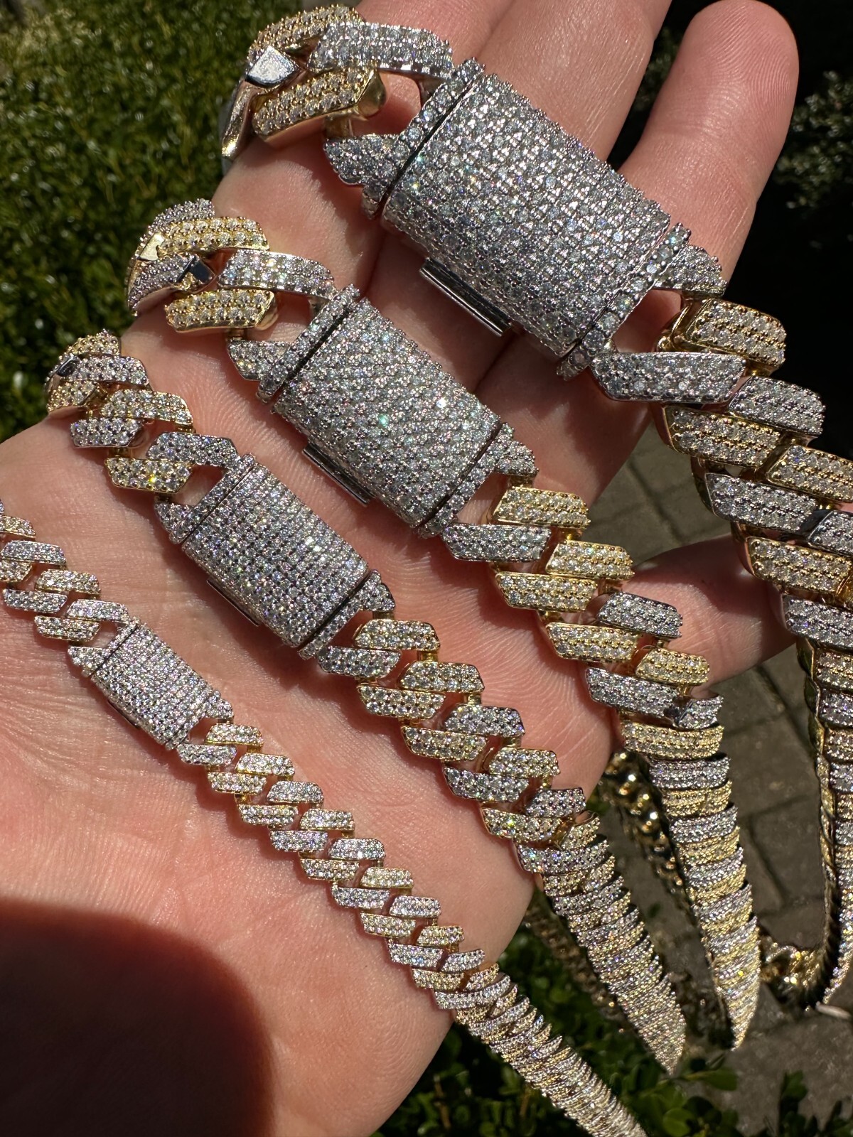 MOISSANITE Real Miami Cuban Link Prong Chain Ice Gold Plated 925 Silver Necklace