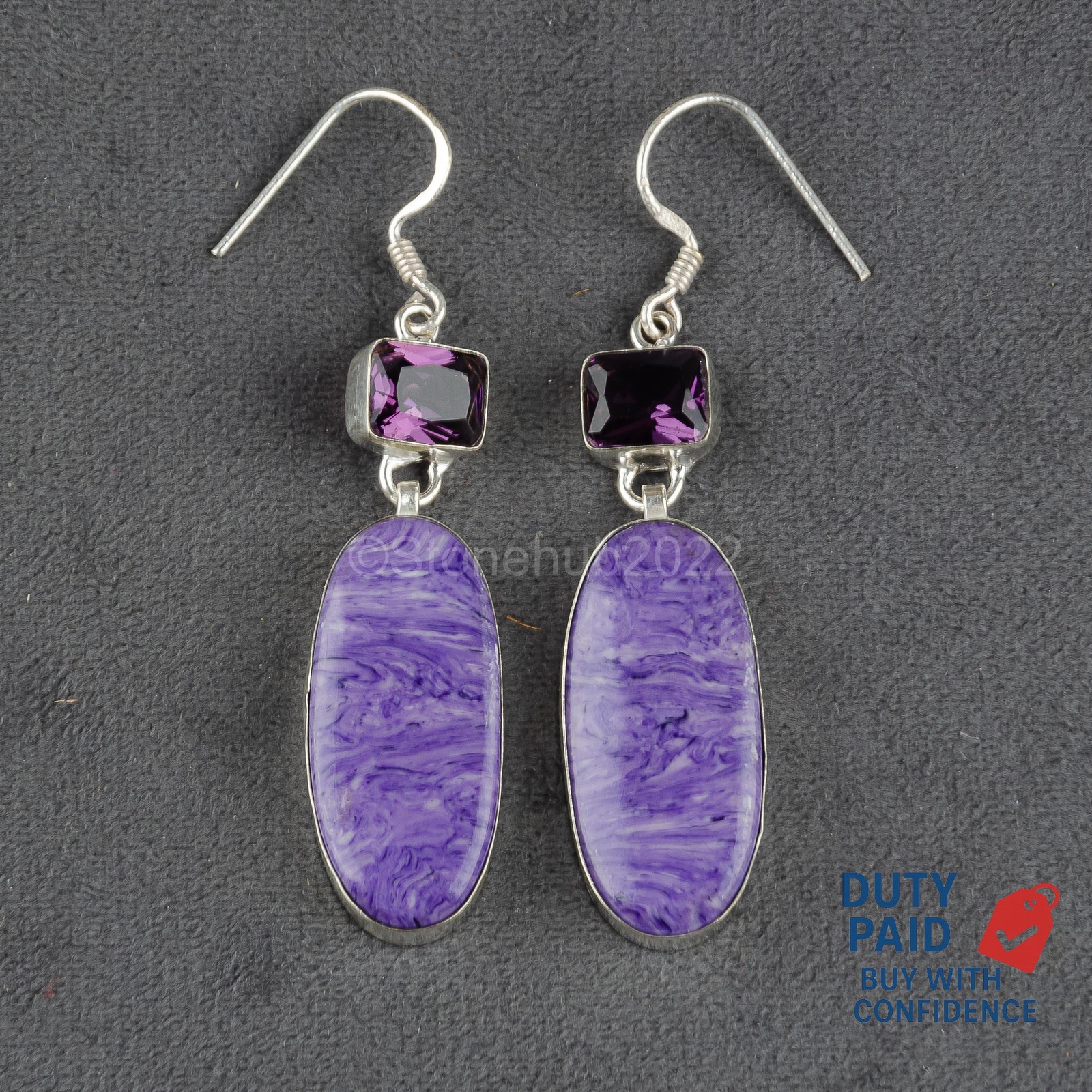 OVAL Genuine CHAROITE 925 Silver Sister Channel Set Anniversary Drop Earrings