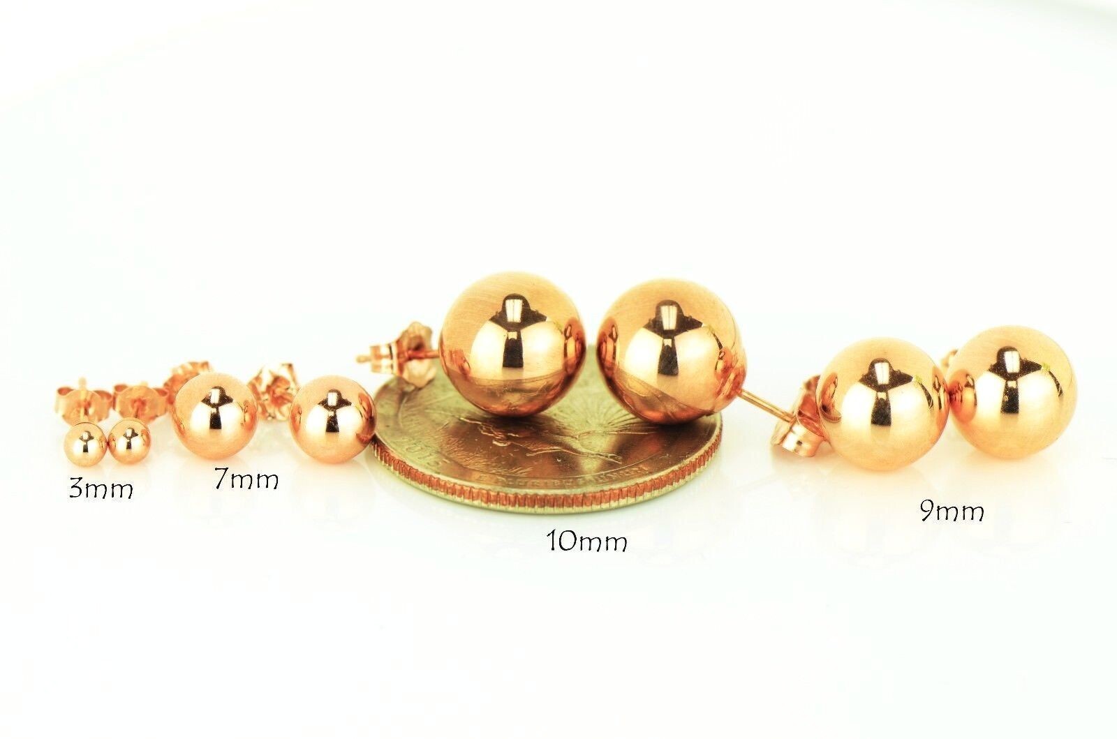 Solid 14k Rose Gold Ball Stud Earrings Butterfly Push Back