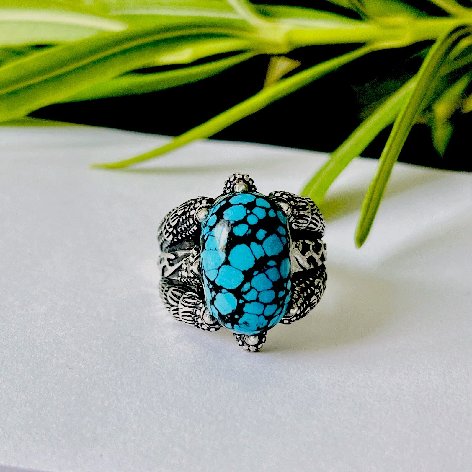 Natural Spiderweb Turquoise Eagle Claw Ring Men’s Unique Jewelry Size Fixable