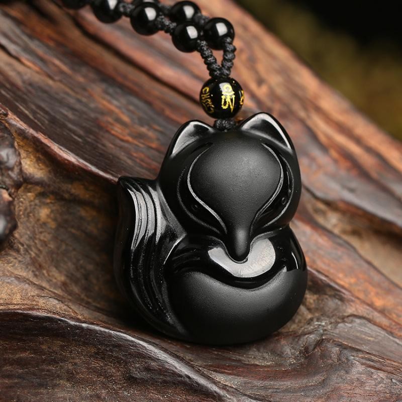 Vintage Exquisite Obsidian Fox Pendant Beaded Chain Necklace Charm Unisex Amulet