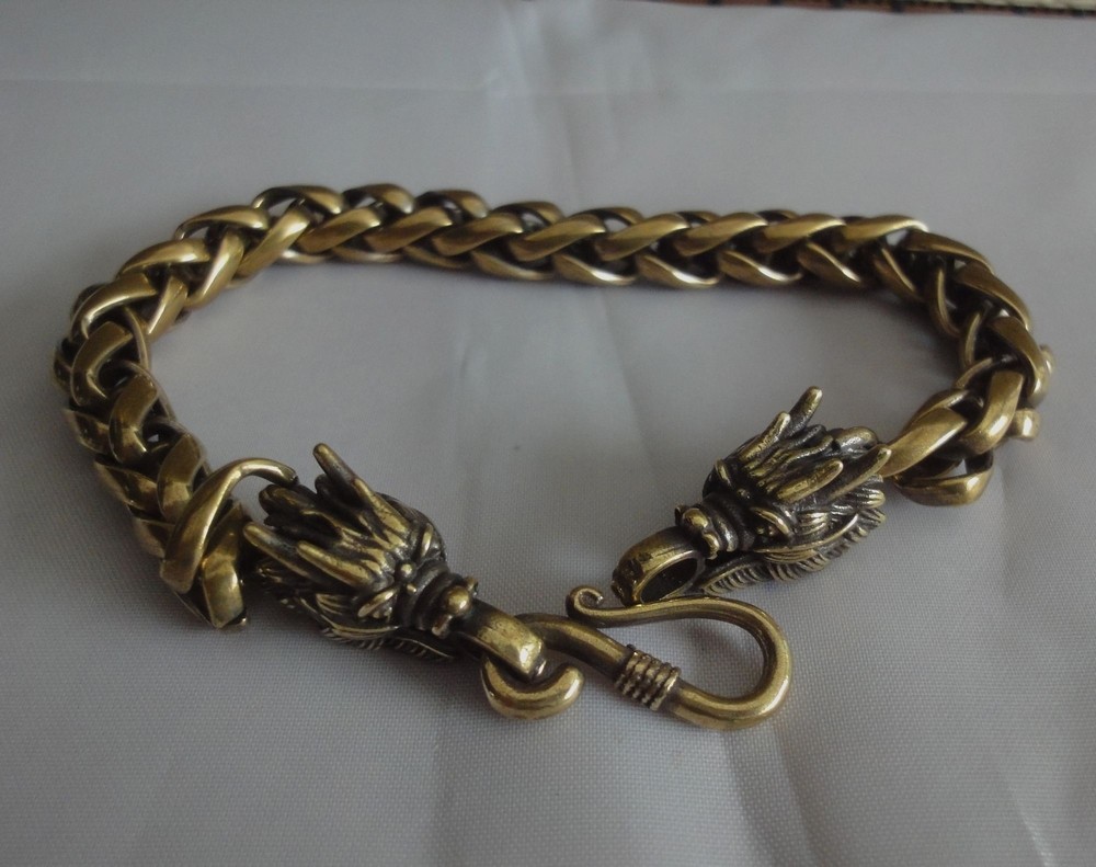 Vintage Style Brass Pure Copper Double Dragon Heads Figurine Bracelet