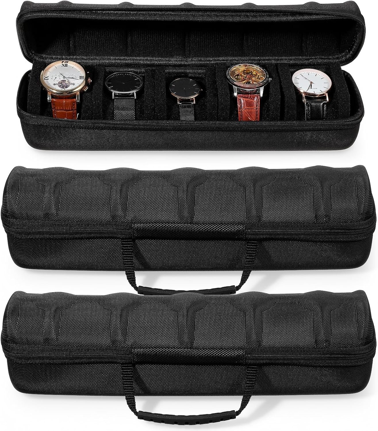 2 Pcs Men’s Watch Travel Case with 5 Slots & Soft Foam Pillows – Portable Black