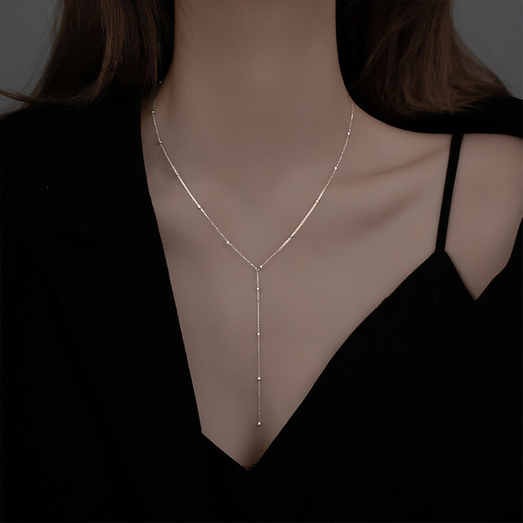 Silver Tassel Ball Bead Beaded Pendant Long Chain Necklace
