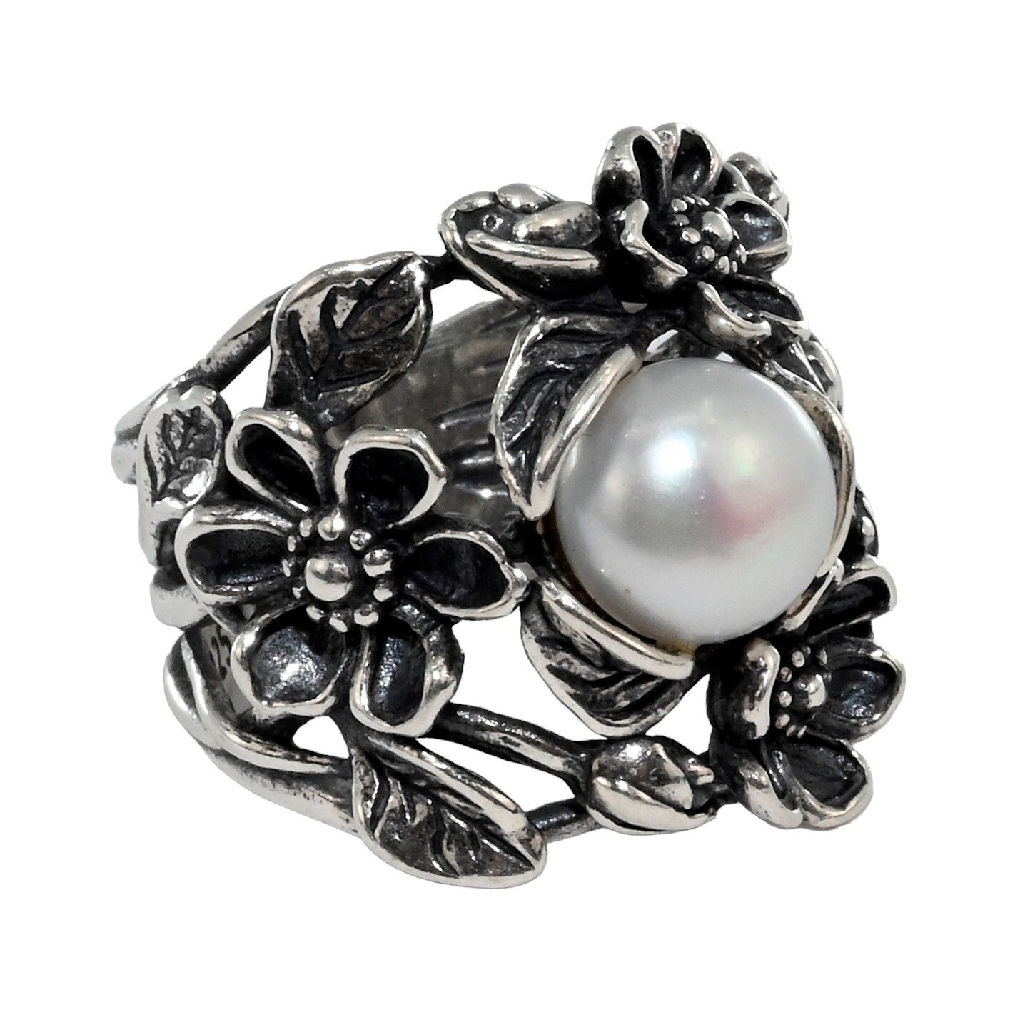 Paz Creations PZ Israel Solid 925 Sterling Silver Floral Pearl Ring! Size: 5.5!