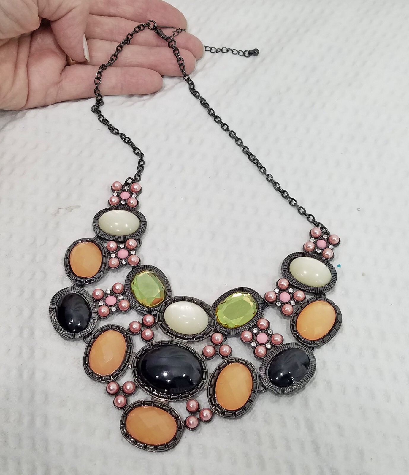 Signed NY Gunmetal Beige, Olive, Black Cabochon & Pink Bead Bib Choker Necklace