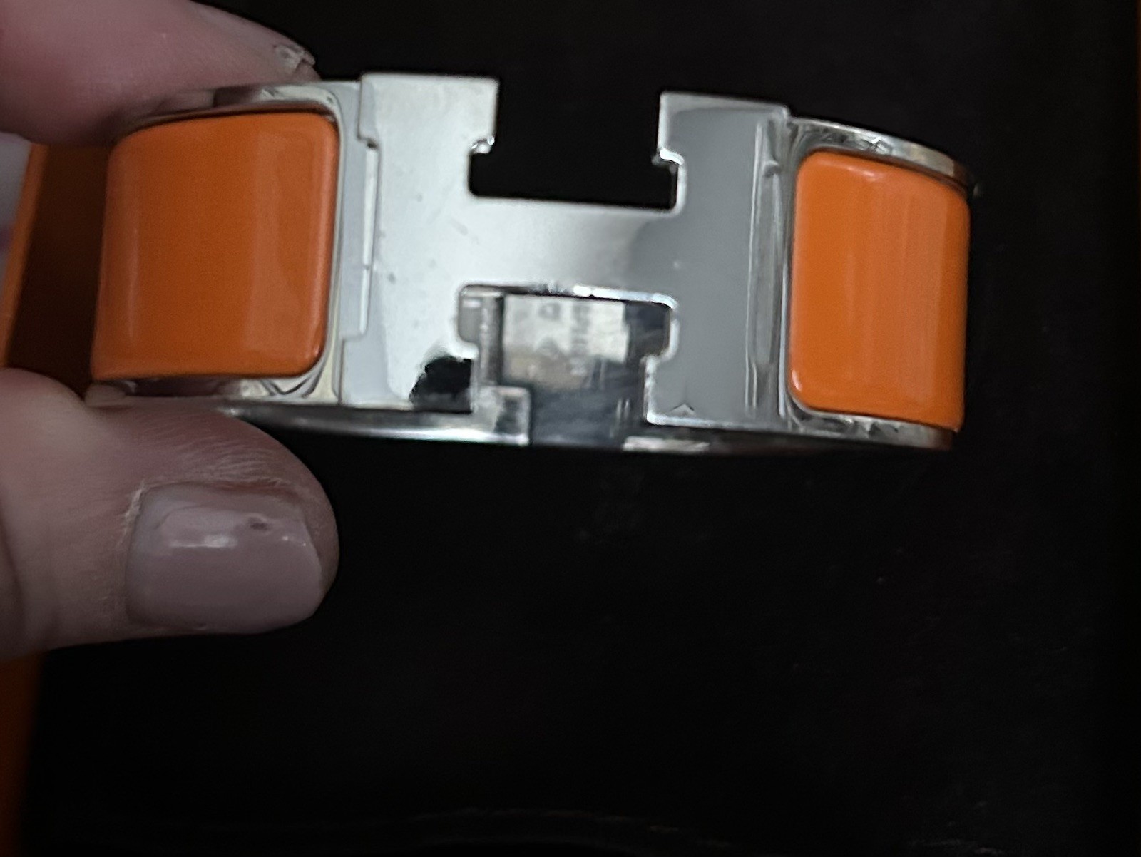 Hermes Signed Orange Enamel .75 In Wide Clic Clac H Bracelet Silver Palladium