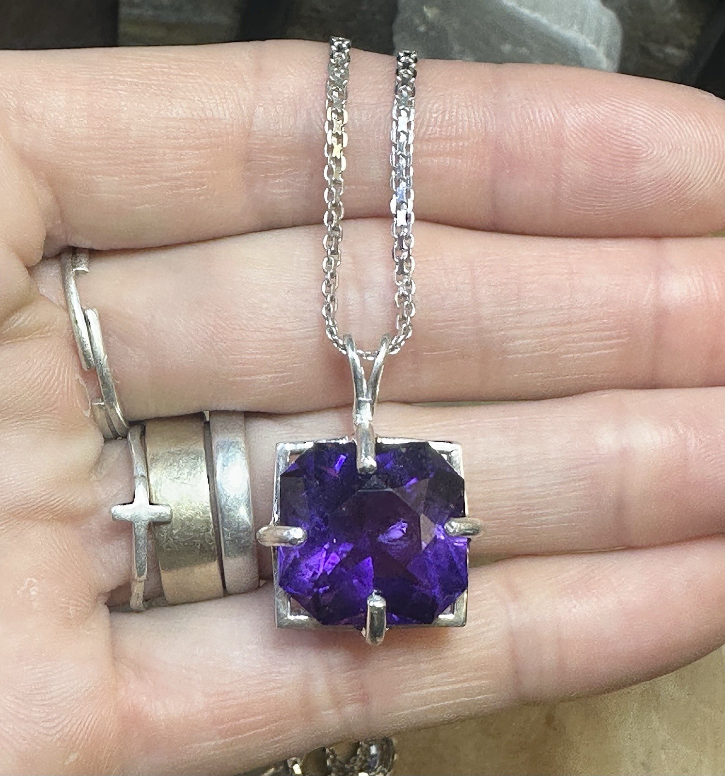 Natural Fancy Cut Zambian Amethyst 14.30 Ct 925 Sterling Silver Necklace 20 In