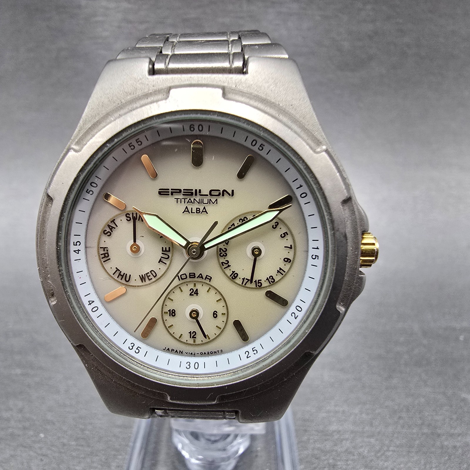 Seiko Alba Epsilon Watch Men 36mm Gray Dial Titanium Daydate V14J-0A10 Runs