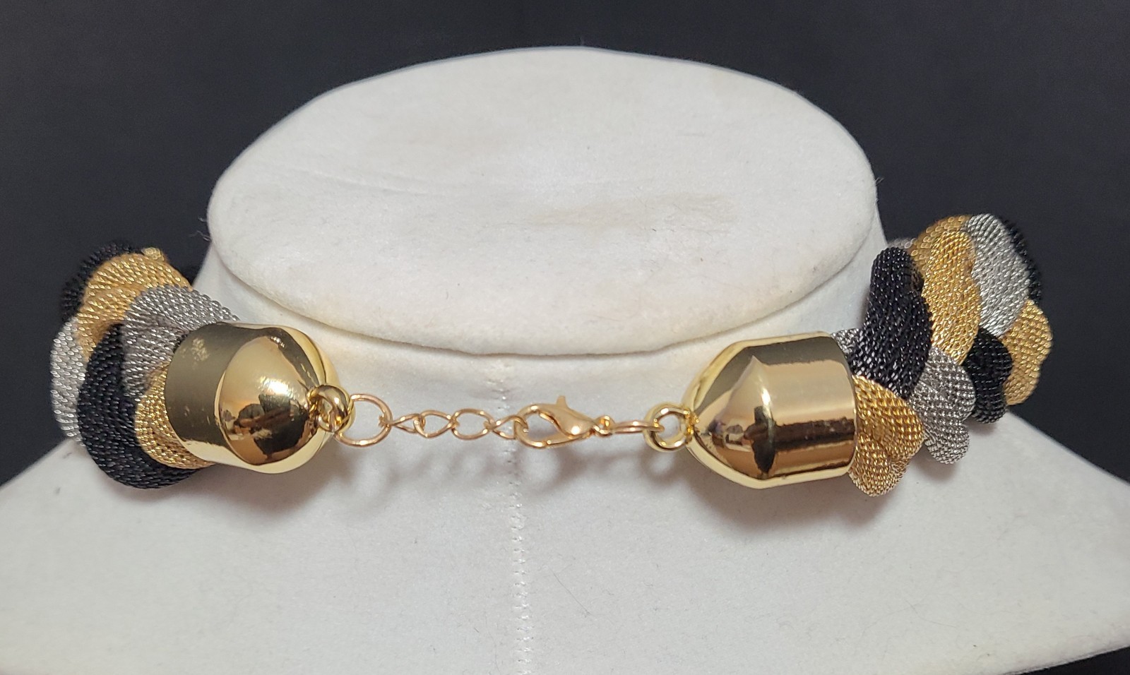 Black/Silver/Gold Braided Statement Necklace 14″ Chocker Collar Jewelry Gift EUC