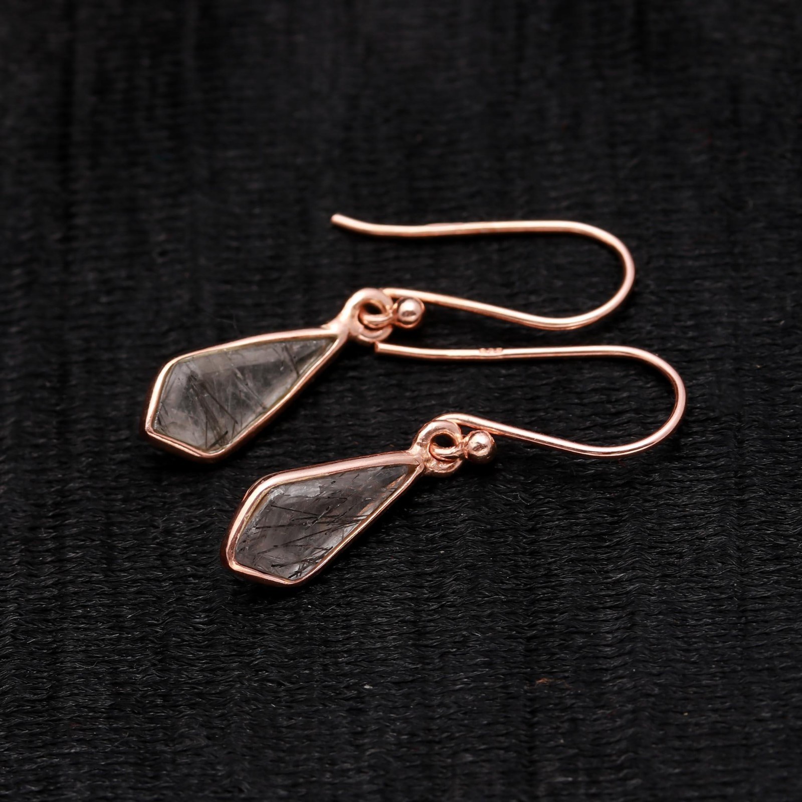 Natural Black Rutile Kite Dangle Earrings Rose Gold Plated Solid Silver Jewelry