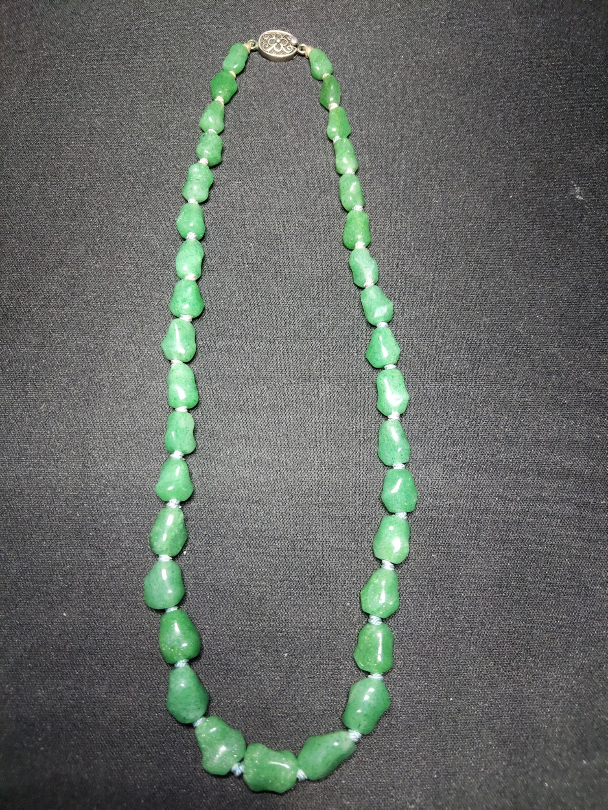 aventurine green beads rolled silver clasp knotted necklace length 21cm