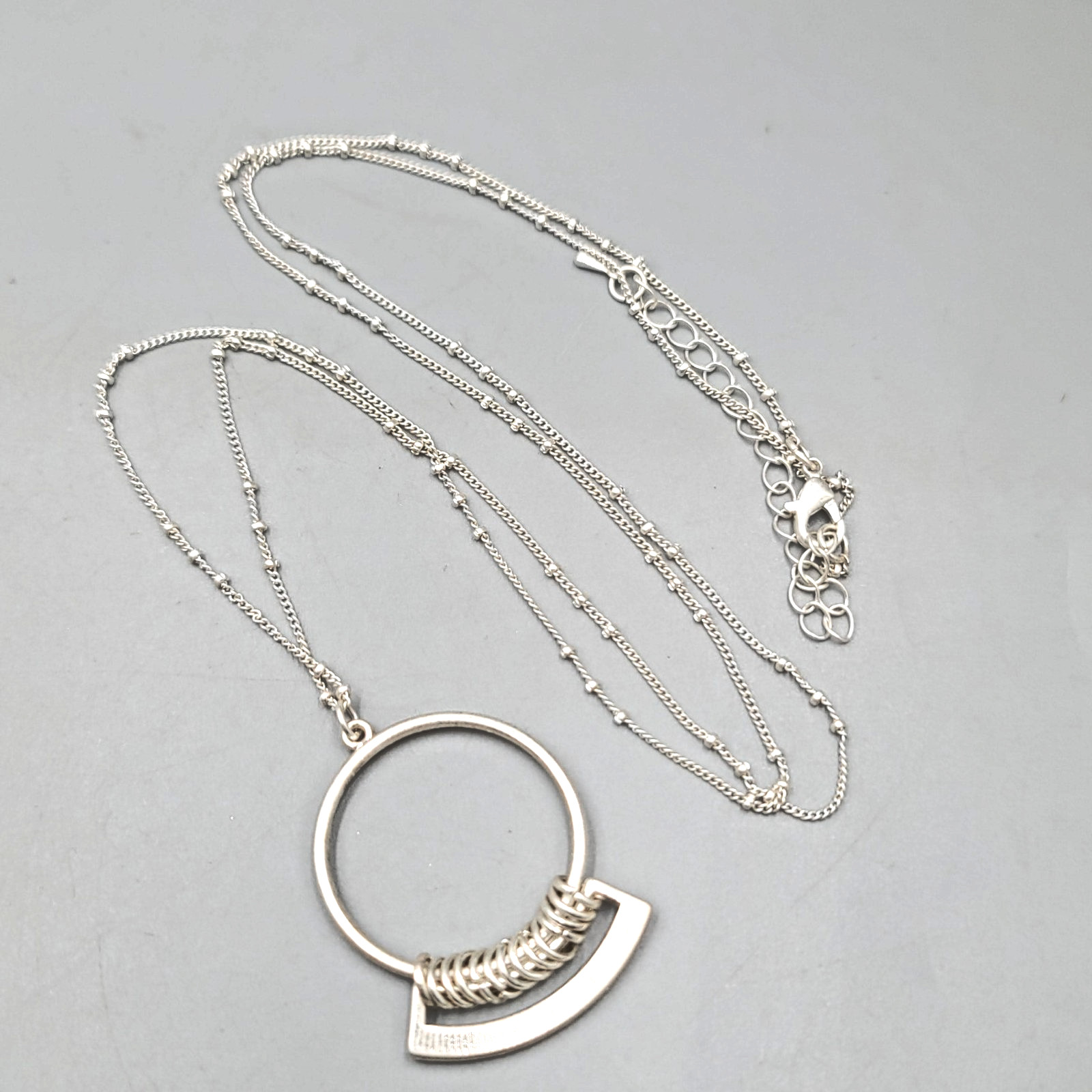 Silver tone Long Necklace Station Chain Circle Pendant 32 in