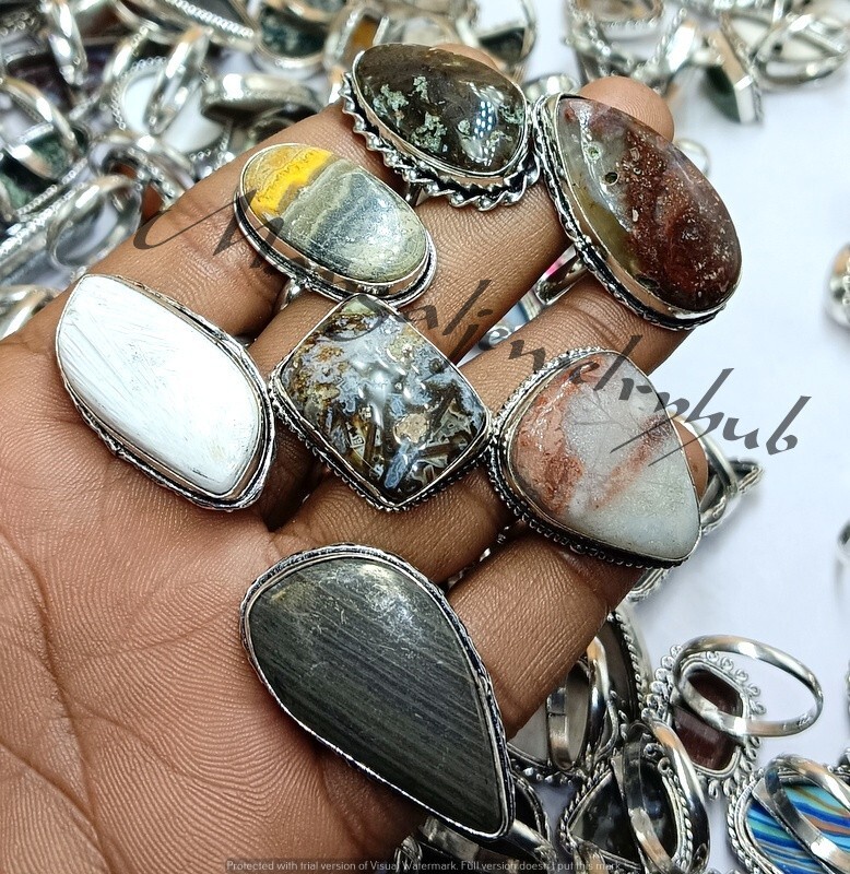 Ocean Jasper & Mix Gemstone 25PCS Wholesale Rings Lot 925 Silver Plated Jewelry