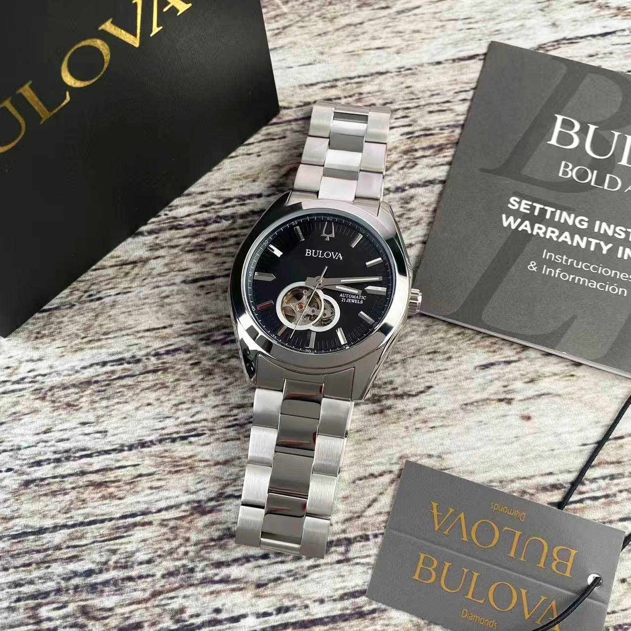 New Bulova Surveyor Men’s Automatic Watch 96A270 Black Dial Stainless Steel 42mm