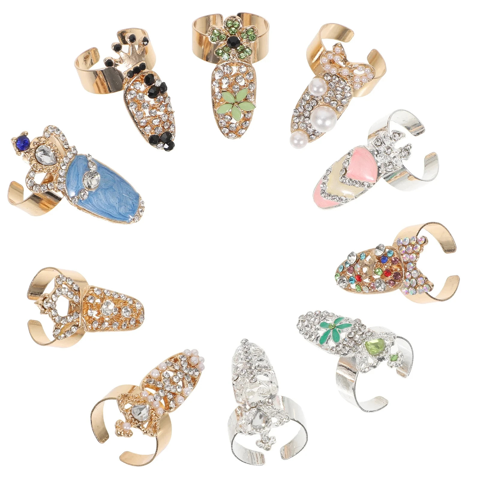 10Pcs Rhinestone Nail Rings Finger Tip Rings Women Punk Party Costume Jewelry