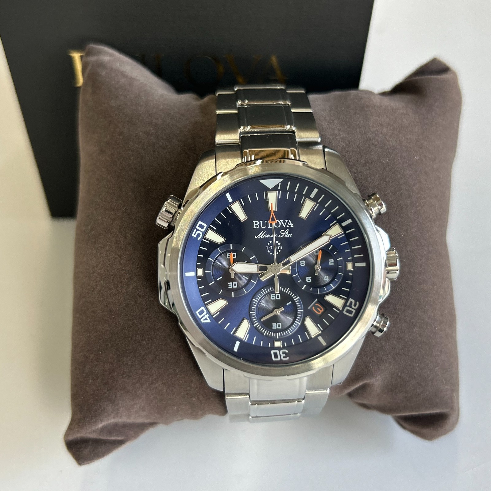 Bulova Men’s Marine Star 96B256 Blue Dial Stainless Chronograph Quartz Watch New