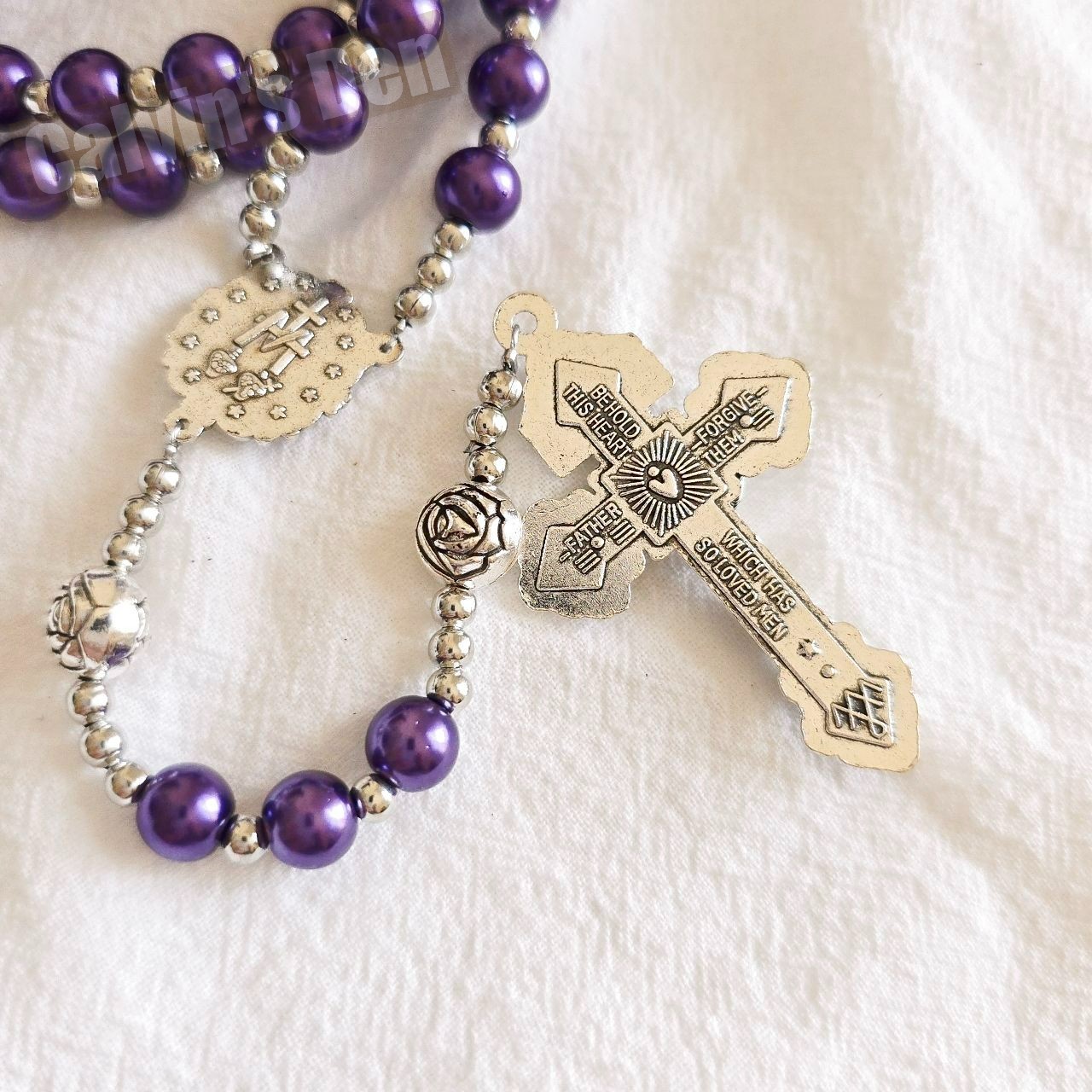 Purple Pearl Bead Rosary Necklace Miraculous Medal Rosebud Crucifix Cross Gift