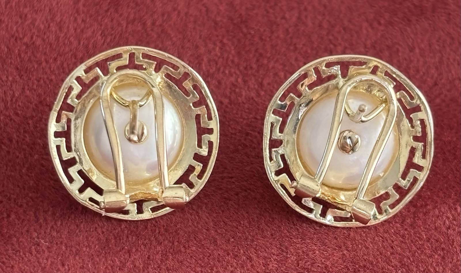 Vintage 14K Solid Yellow Gold Genuine Pearl Omega Back Earrings 4.82 Grams 16mm