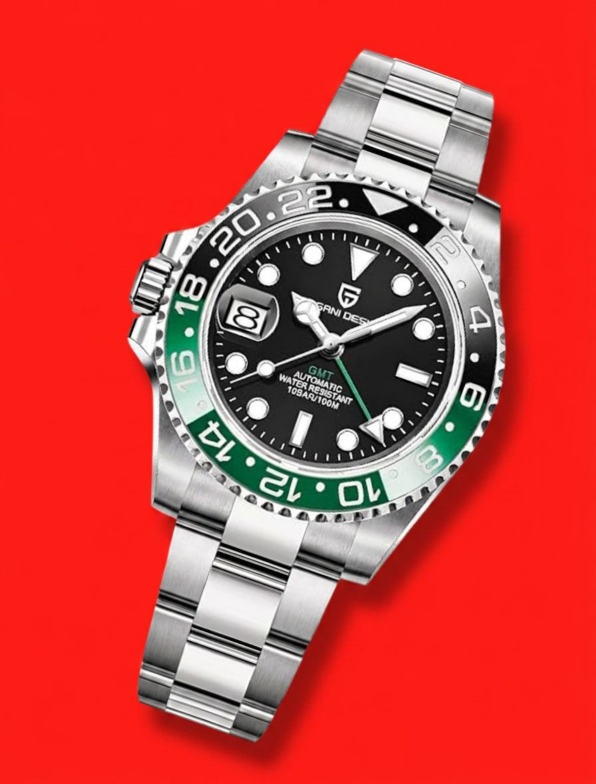 Mens Waterproof Divers Watch Black Dial Green Bezel Starbucks 40mm Silver Pagani