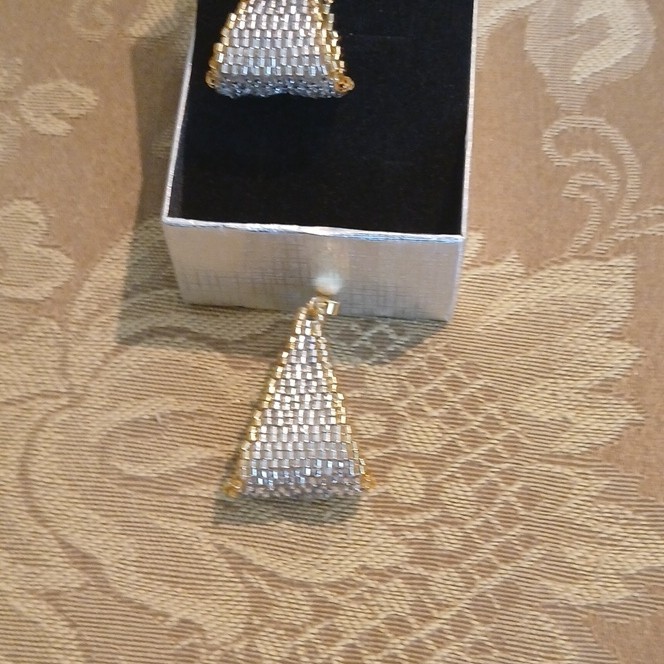 Gold & Silver Tone Triangle Dangle Earrings Clear Crystal Baguette Screw Back